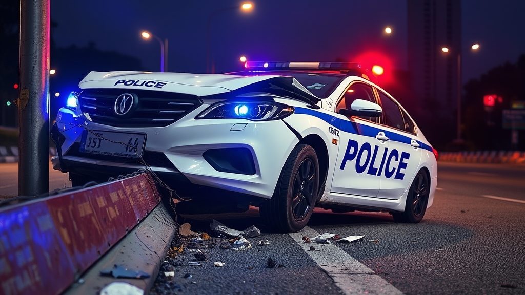 Police car mounts Geylang Bahru kerb and crashes into metal road barrier